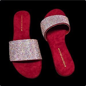 Womens Wine Rhinestone Flat Slide Sandals